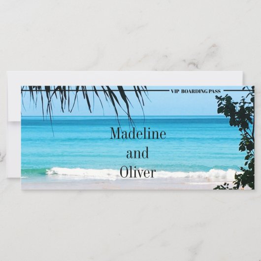 Boarding Pass Tropical Beach Hochzeit Save the Dat (Rückseite)