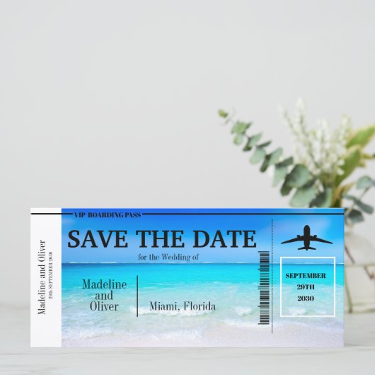 Boarding Pass Tropical Beach Hochzeit Save the Dat (Stehend Vorderseite)