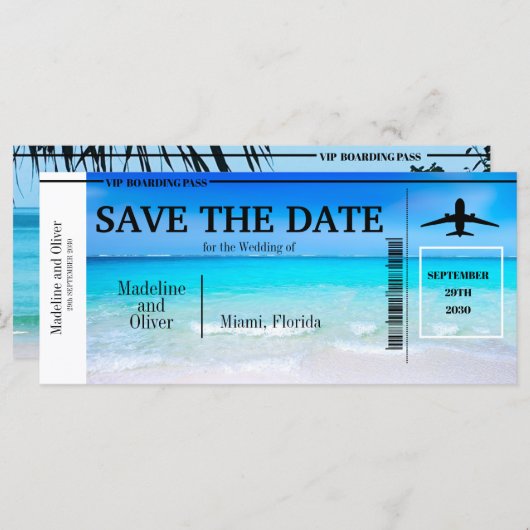 Boarding Pass Tropical Beach Hochzeit Save the Dat (Vorne/Hinten)