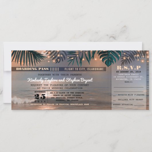 Boarding Pass Tropical Beach Lights Hochzeitsticke Einladung (Vorderseite)