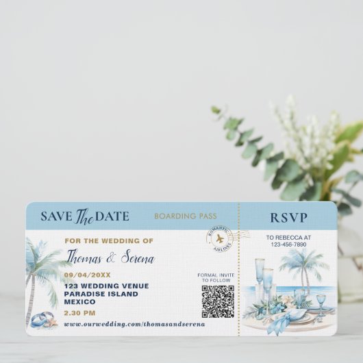 Boarding Pass Tropical Destination QR Code Wedding Einladung (Stehend Vorderseite)