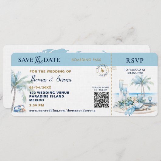 Boarding Pass Tropical Destination QR Code Wedding Einladung (Vorne/Hinten)
