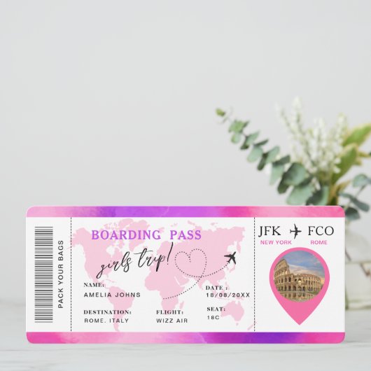 Boarding Pass Überraschen Flugticket Girls Tour Einladung (Stehend Vorderseite)