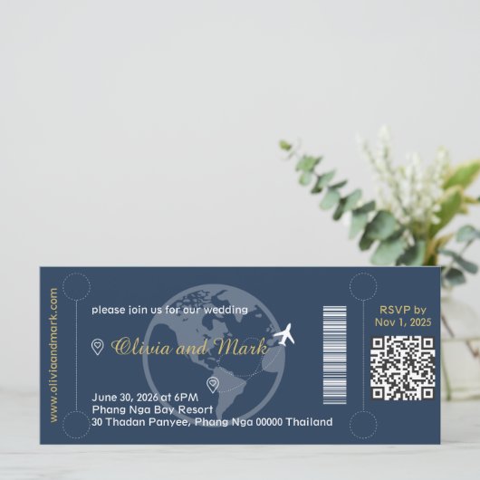 Boarding Pass Wedding Einladung - Navy & Gold (Stehend Vorderseite)