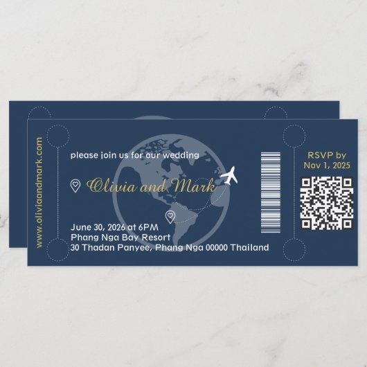 Boarding Pass Wedding Einladung - Navy & Gold (Vorne/Hinten)
