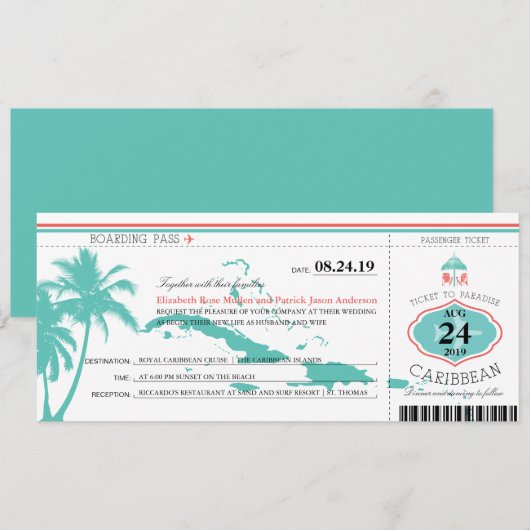 Boarding Pass Wedding Karibik Einladung (Vorne/Hinten)