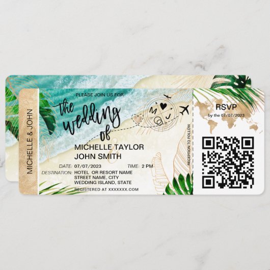 Boarding Pass World Map Island Beach UAWG QR-Code Einladung (Vorne/Hinten)