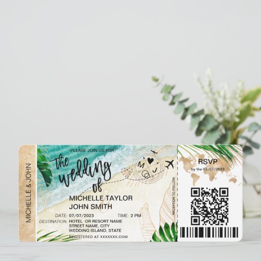 Boarding Pass World Map Island Beach UAWG QR-Code Einladung (Stehend Vorderseite)