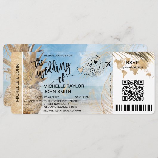Boarding Pass World Map Island Beach UAWG QR-Code Einladung (Vorne/Hinten)
