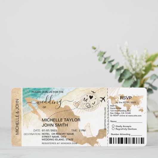 Boarding Pass World Map Mexico Beach UAWG Einladung (Stehend Vorderseite)