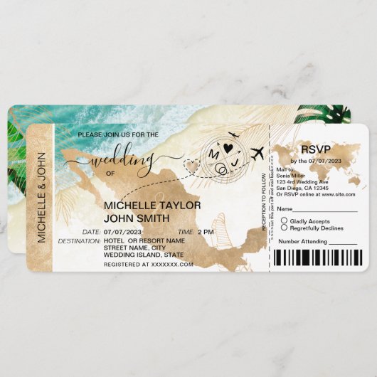 Boarding Pass World Map Mexico Beach UAWG Einladung (Vorne/Hinten)