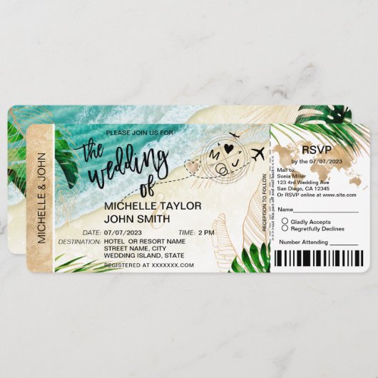 Boarding Pass World Map Tropical Island UAWG Einladung (Vorne/Hinten)