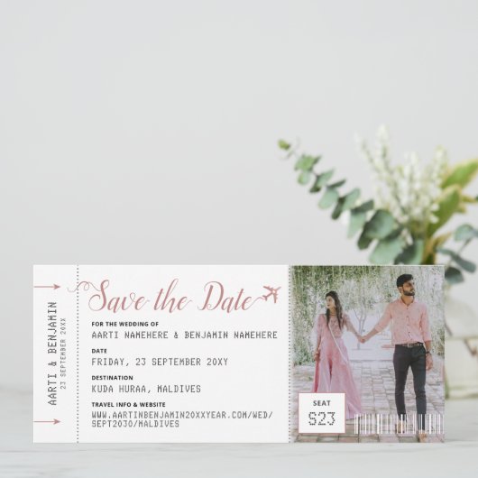 Boarding Pass Zielort Foto Save the Date (Stehend Vorderseite)