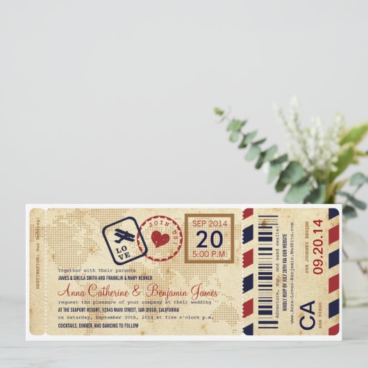 Boarding-Ticket Hochzeitseinladung Einladung (Stehend Vorderseite)