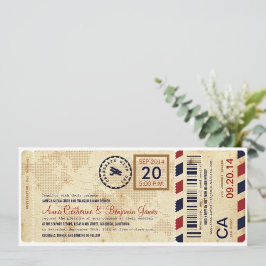 Boarding-Ticket Hochzeitseinladung Einladung (Stehend Vorderseite)