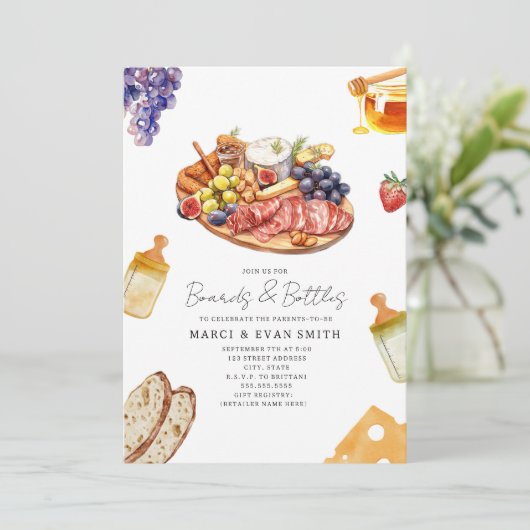 Boards & Flaschen Charcuterie Neutral Baby Dusche Einladung (Stehend Vorderseite)