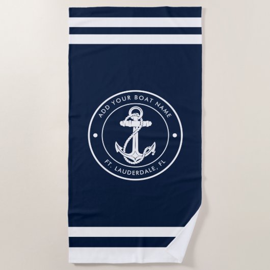 Boat Anchor Nautical Navy Blue and White Custom Strandtuch (Vorderseite)