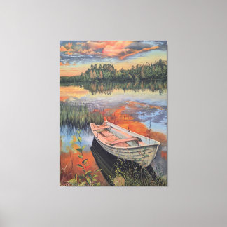 Boat at Sunset: Realistic Lake Reflection wall Art Leinwanddruck