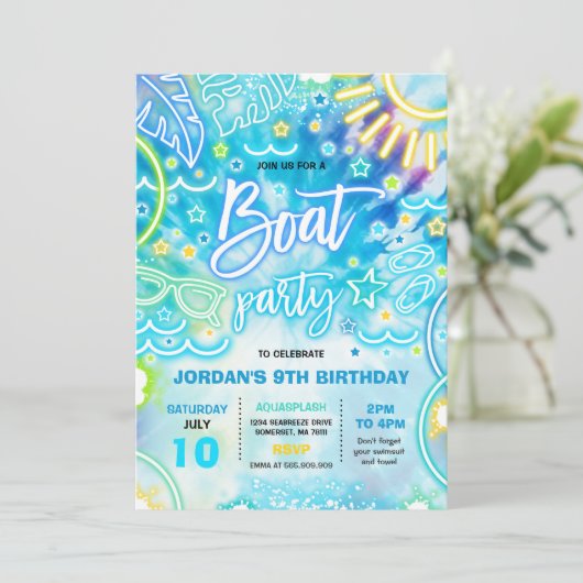 Boat Birthday Party Party am See Gefärbte Krawatte Einladung (Stehend Vorderseite)