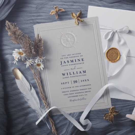 Boat Helm Faux Embossed Elegant QR Code Wedding Einladung