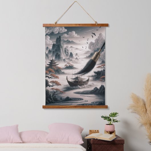 Boat landscape ocean view poetic art Wandteppich Mit Holzrahmen (Schlafzimmer)