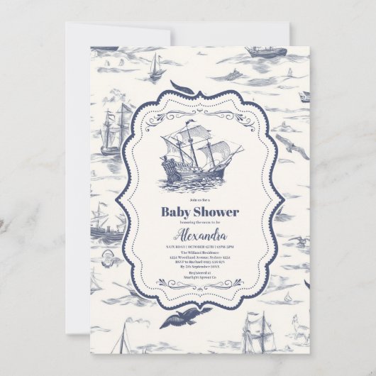 Boat Toile Nautical Baby Dusche Einladung (Vorderseite)