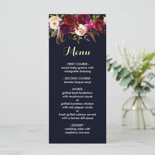 Boavy Burgundy Marsala Wedding Menu Card Menükarte (Stehend Vorderseite)