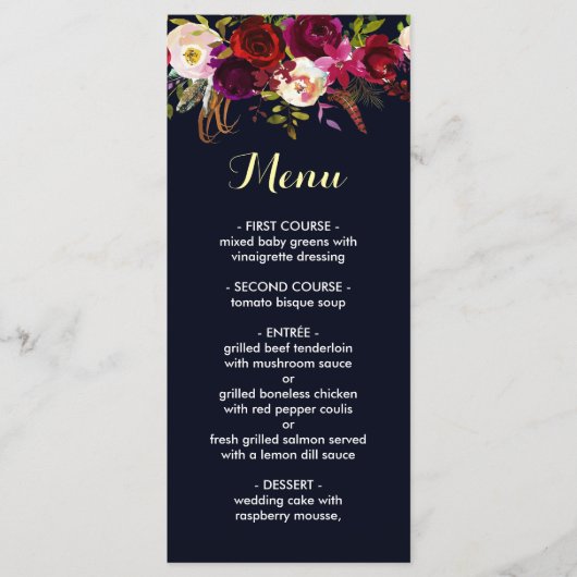 Boavy Burgundy Marsala Wedding Menu Card Menükarte (Vorderseite)