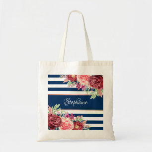 Boavy Burgundy Watercolor Floral Monogram Streifen Tragetasche