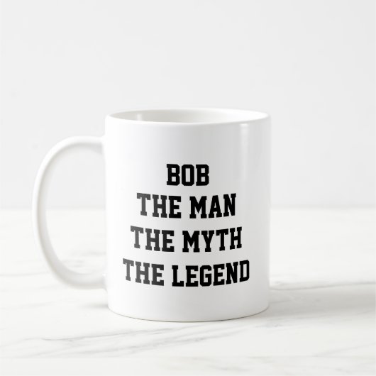 Bob: Mensch, Mythos, Legende, schwarzer Text Kaffeetasse (Links)