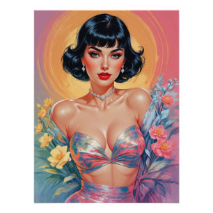 Bob mit Pony Braune Pin-Up Pastell Blumen Poster
