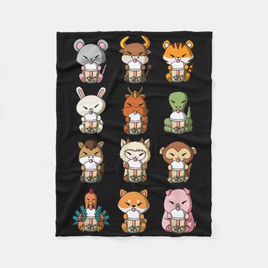 Boba Bubble Milk Tea Chinese Zodiacs Animal Lunar Fleecedecke (Vorderseite)