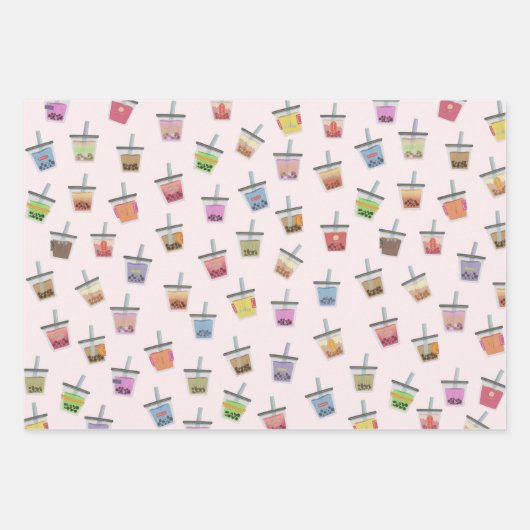 Boba Bubble Tee bunt kawaii niedliches Muster Geschenkpapier Set (Vorderseite)