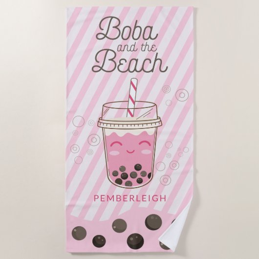 Boba Bubble Tee Rosa Streifen Strandtuch (Vorderseite)