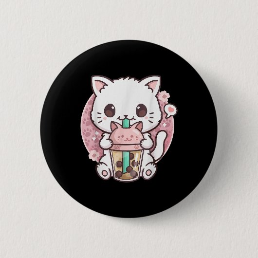 Boba Cat Boba Tea Bubble Tea Kawaii Anime Cat Kawa Button (Vorderseite)