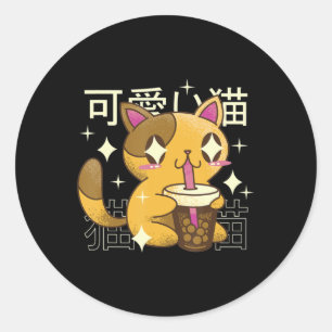 Boba Cat Kawaii Anime japanische Lebensmittelmädch Runder Aufkleber