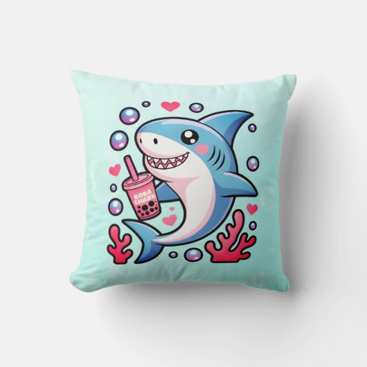 Boba Shark Kawaii Dekoration in Rosa und Blau Kind Kissen (Vorderseite)