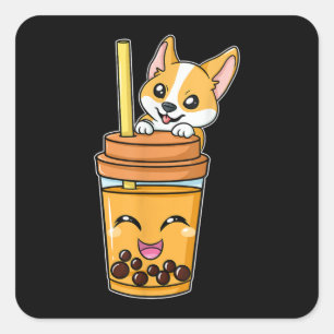 Boba Tapioca Pearls Bubble Milk Tee Drink Corgi Quadratischer Aufkleber