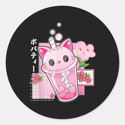 Boba Tea Cat Bubble Tea Kawaii Anime Japanisches M Runder Aufkleber (Vorderseite)