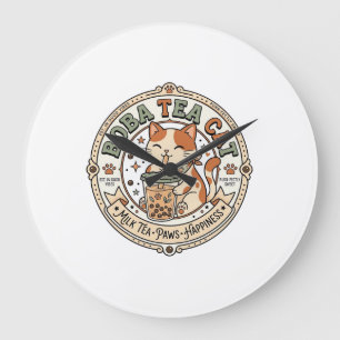Boba Tea Katze Boba Tea Katze Vintage Vektor Art S Große Wanduhr
