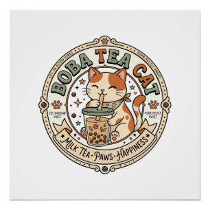 Boba Tea Katze Boba Tea Katze Vintage Vektor Art S Poster