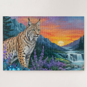 Bobcat / Lynx bei Sonnenaufgang durch Wasserfall Puzzle