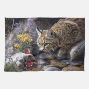 Bobcat mit Wildblumen Landschaftlich Art Geschirrtuch