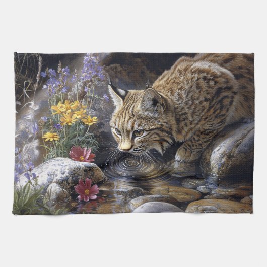 Bobcat mit Wildblumen Landschaftlich Art Geschirrtuch (Horizontal)