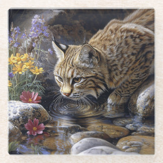 Bobcat mit Wildblumen Landschaftlich Art Glasuntersetzer