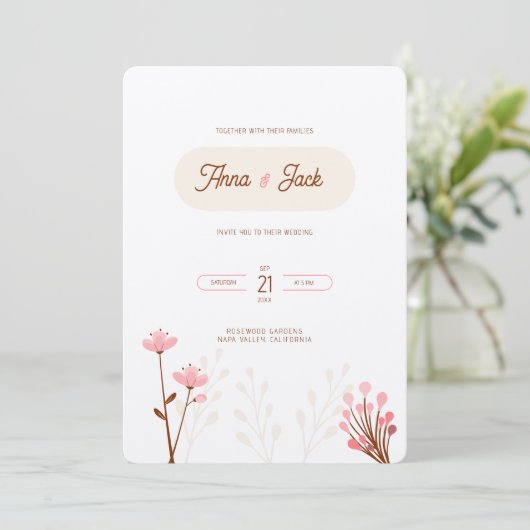 Boda botánica flores silvestres rosa y beige einladung (Stehend Vorderseite)