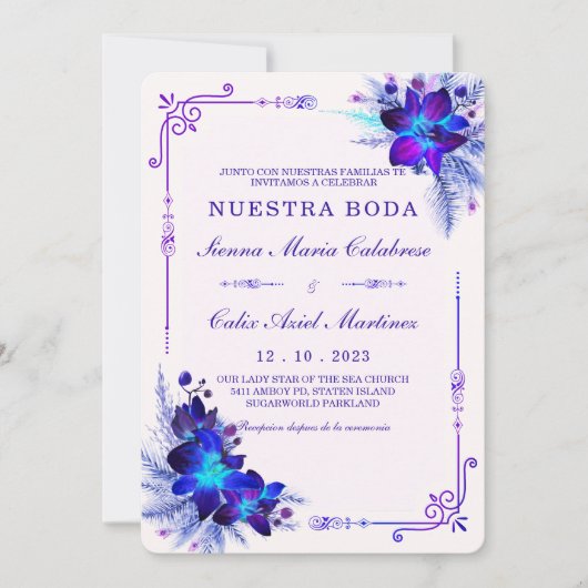 Boda con orquídeas azules y moradas einladung (Vorderseite)