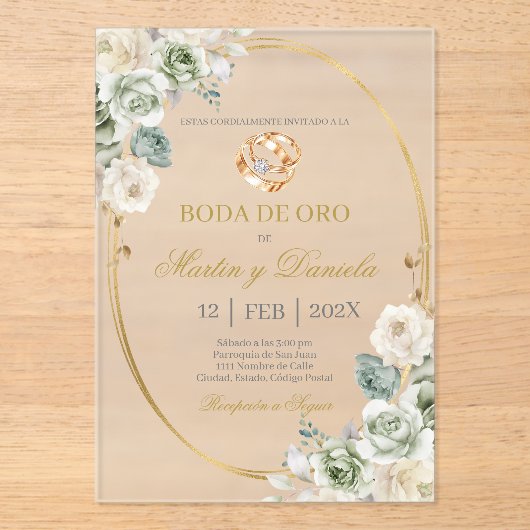 Boda de oro con boho blanco acryleinladungen (Vorderseite)