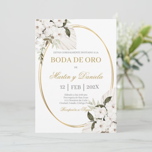 Boda de oro con boho blanco einladung (Stehend Vorderseite)