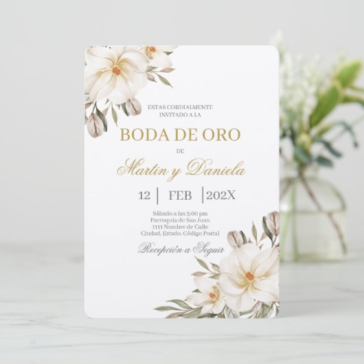 Boda de oro con flor blanca einladung (Stehend Vorderseite)